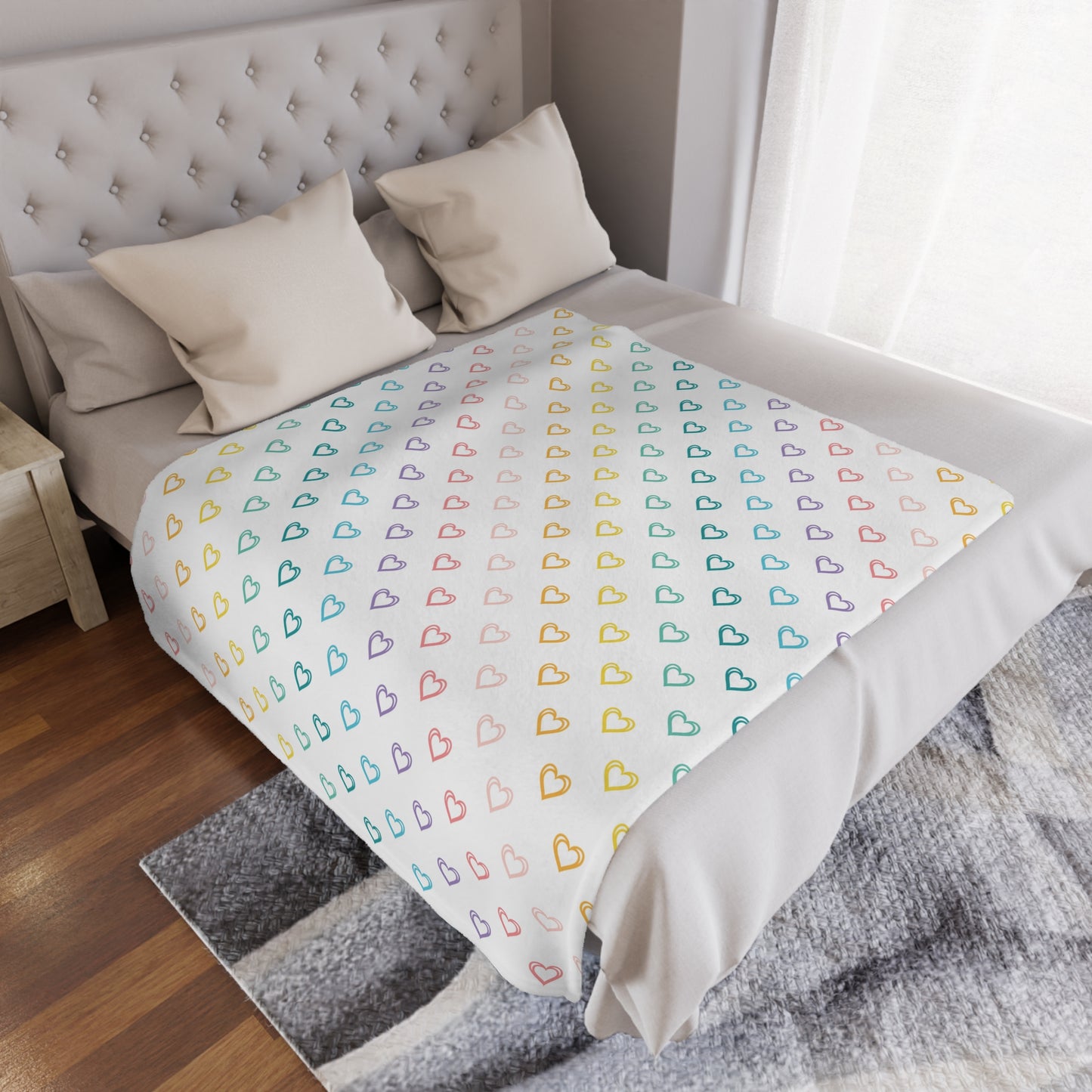 Pastel Rainbow Hearts Microfiber Fleece Blanket - Ultra Soft & Cozy Throw