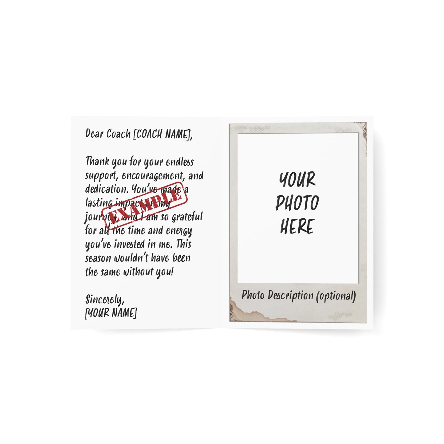 Custom Thank You Greeting Card – Personalized with Photo & Text – Perfect for Coaches