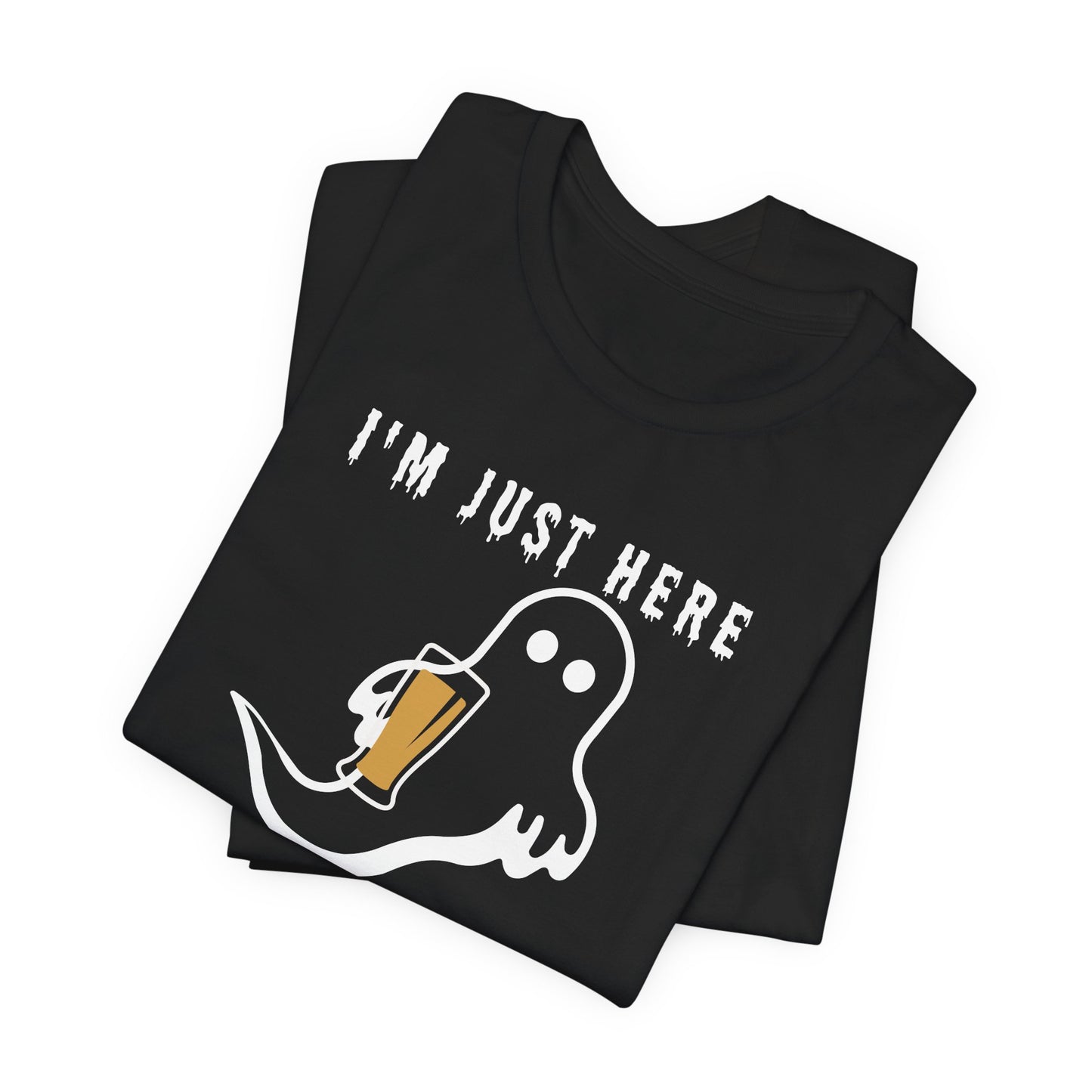 Funny Halloween T-Shirt – Just Here for the Boos (Ghost with Beer or Martini)
