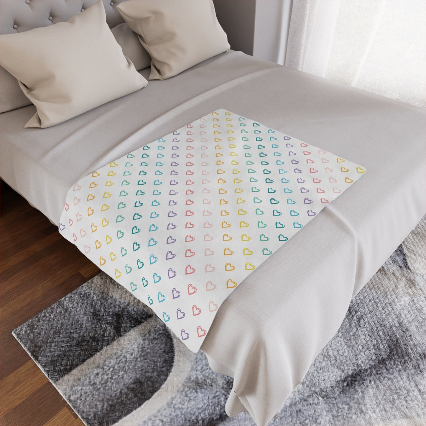 Pastel Rainbow Hearts Microfiber Fleece Blanket - Ultra Soft & Cozy Throw
