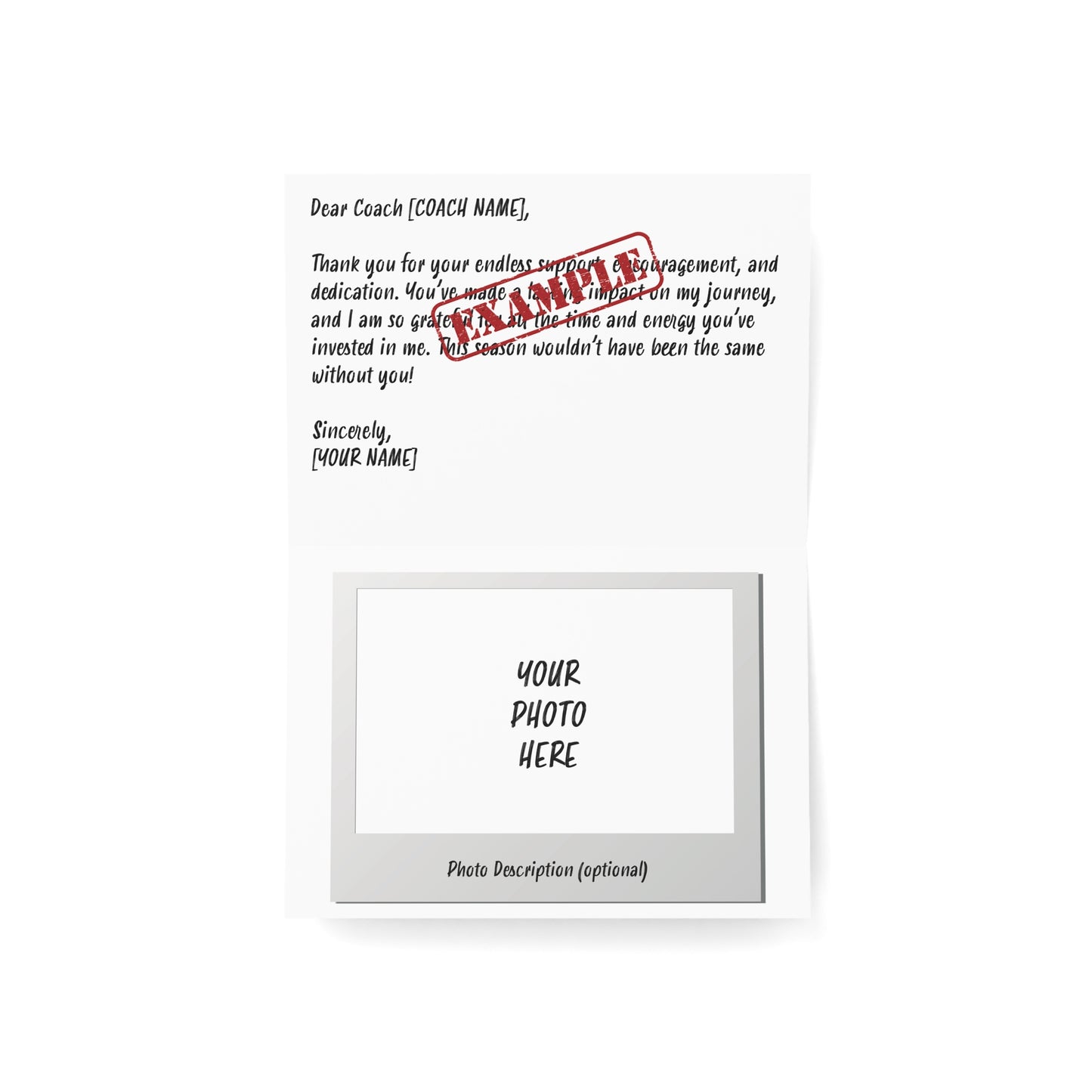 Custom Thank You Greeting Card – Personalized with Photo & Text – Perfect for Coaches