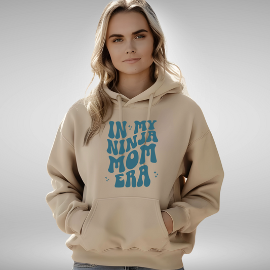 In My Ninja Mom Era Hoodie, Retro Wavy Font, Multiple Hoodie & Text Color Options, Ninja Warrior Mom Sweatshirt