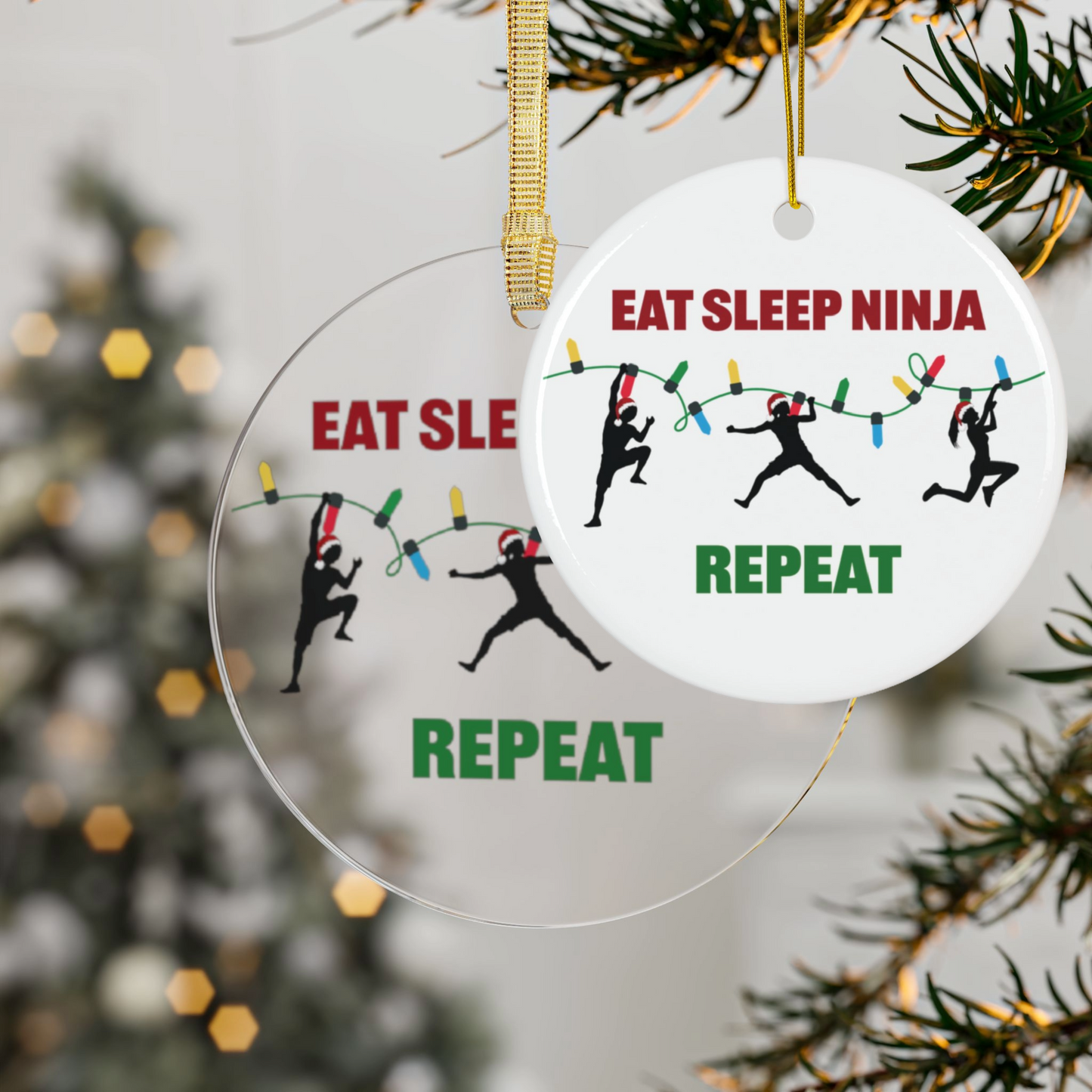 Eat Sleep Ninja Repeat Ceramic or Acrylic Christmas Ornament – Holiday Tree Decoration
