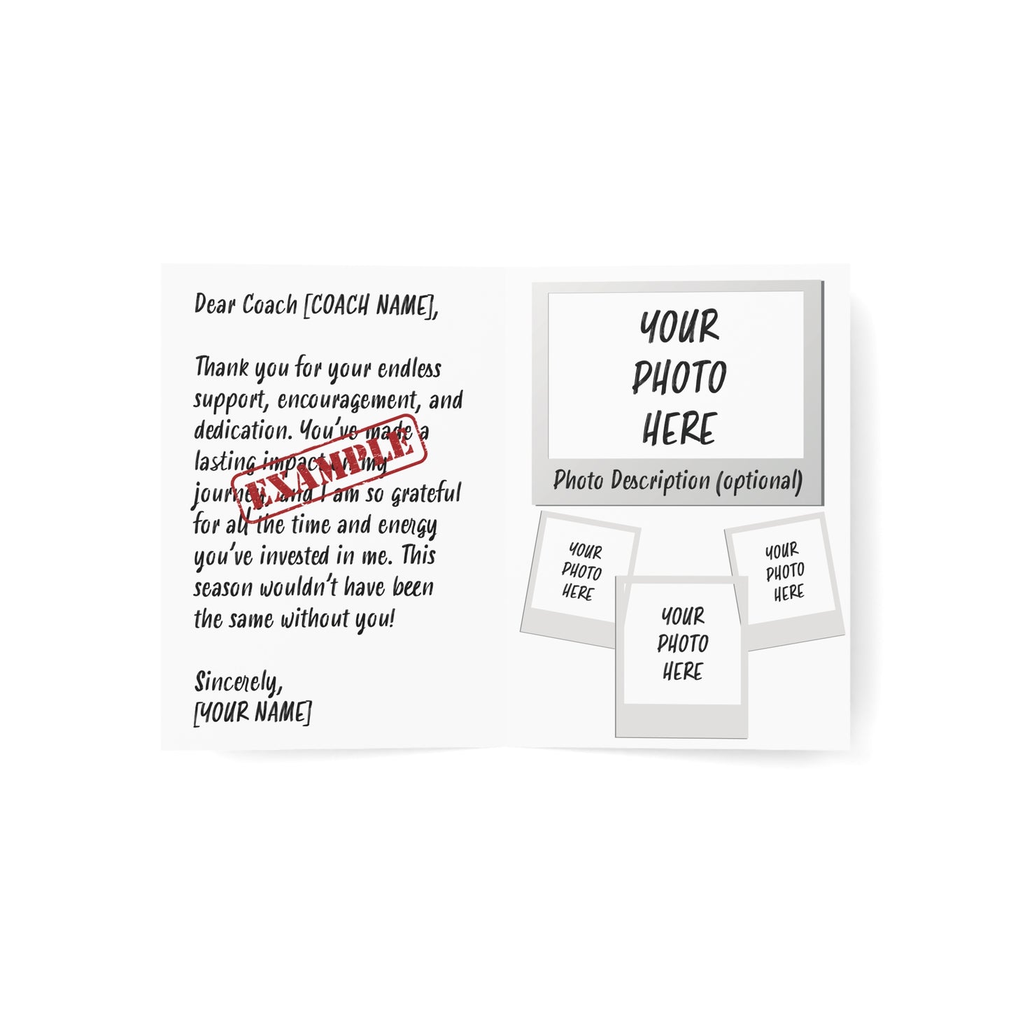 Custom Thank You Greeting Card – Personalized with Photo & Text – Perfect for Coaches