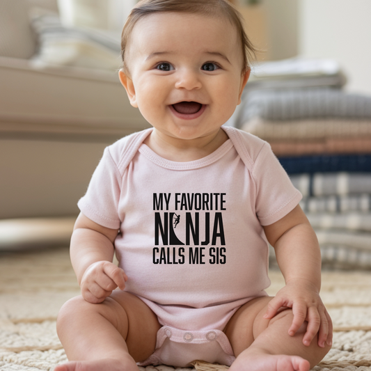 Custom “My Favorite Ninja Calls Me” Baby Onesie – Bro or Sis | Warped Wall Design with Color Options